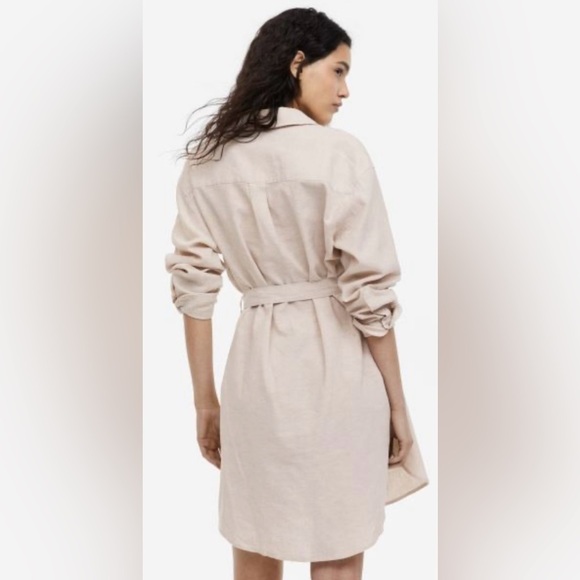 H&M linen blend shirt dress button up belted long sleeve rounded hem NEW size XL - Picture 2 of 13